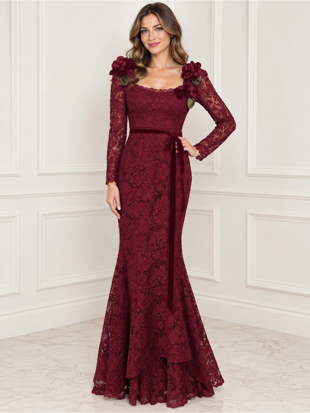 Marchesa Burgundy Lace Maxi Gown with Floral Shoulder Accents